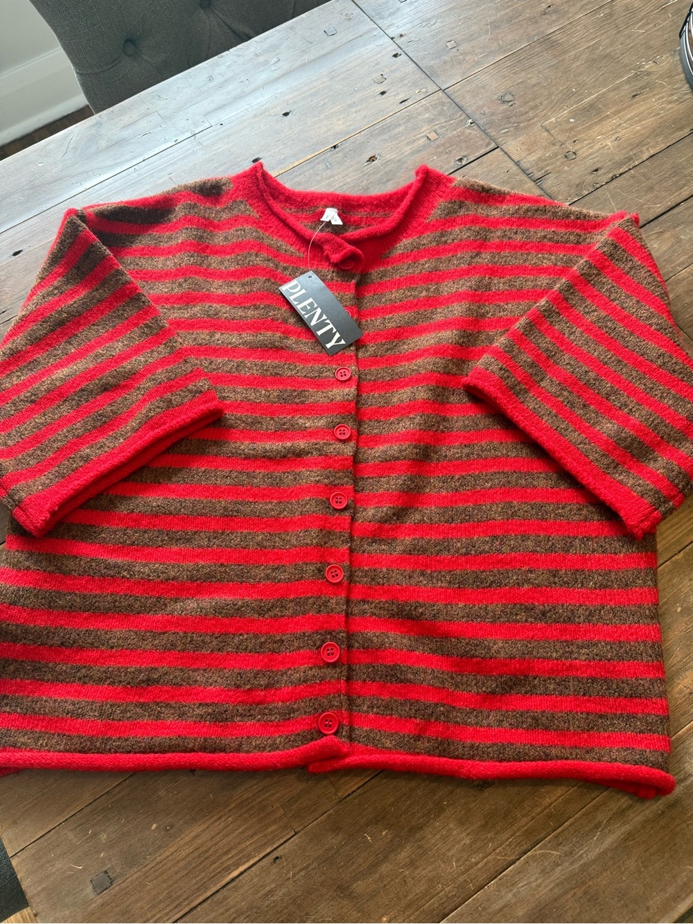 Striped Red & Brown Button-Front Women's Sweater